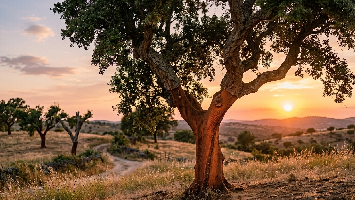 Korkeiche bei Sonnenuntergang in Portugal